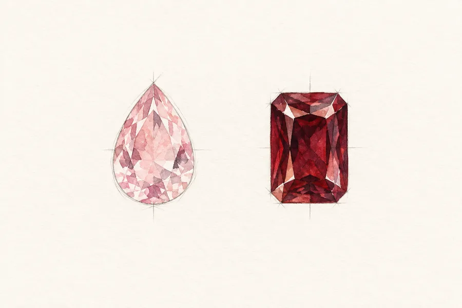 Watercolour illustration of a pink pear-cut and red rectangular gemstone
